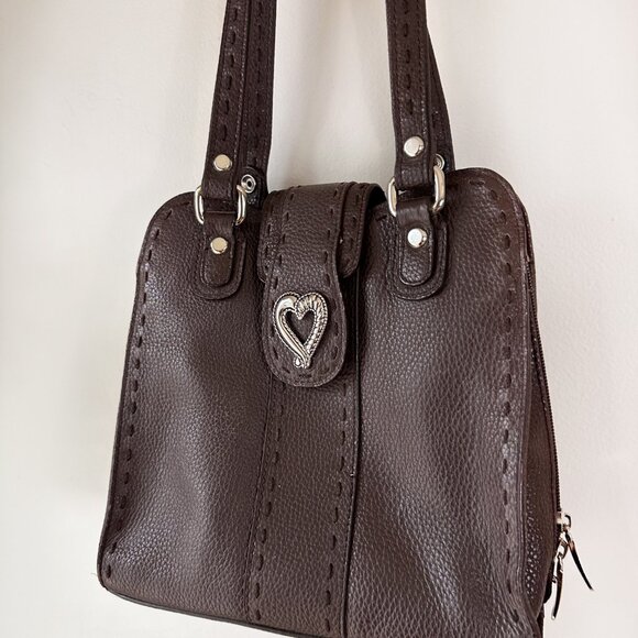 MC Brown Leather Purse Silver Heart Shoulder Bag  Lots of Pockets - Picture 2 of 12